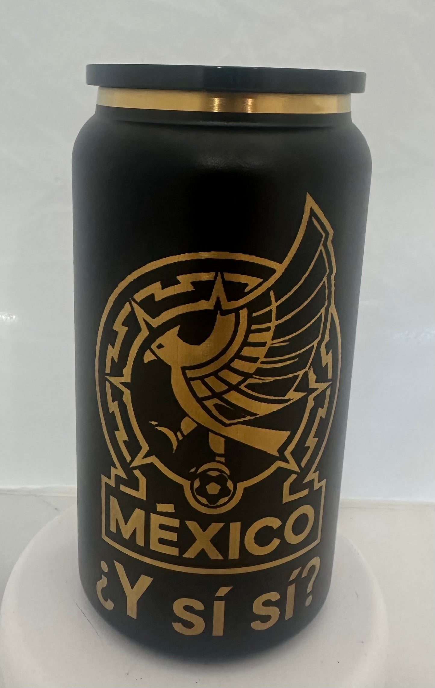 16oz black and gold engraved Mexico tumbler with straw