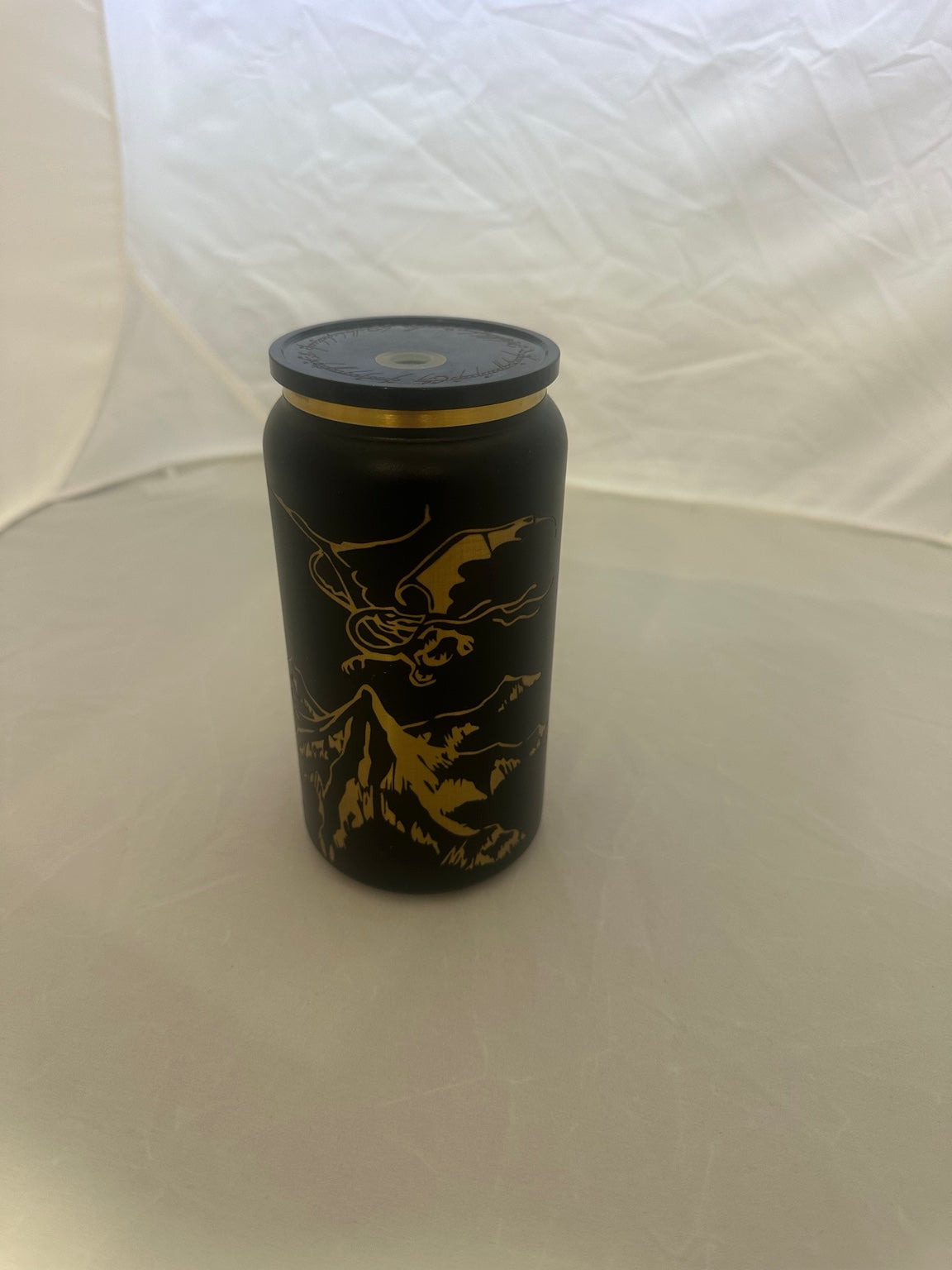 16oz black and gold engraved fantasy dragon coffee tumbler front view