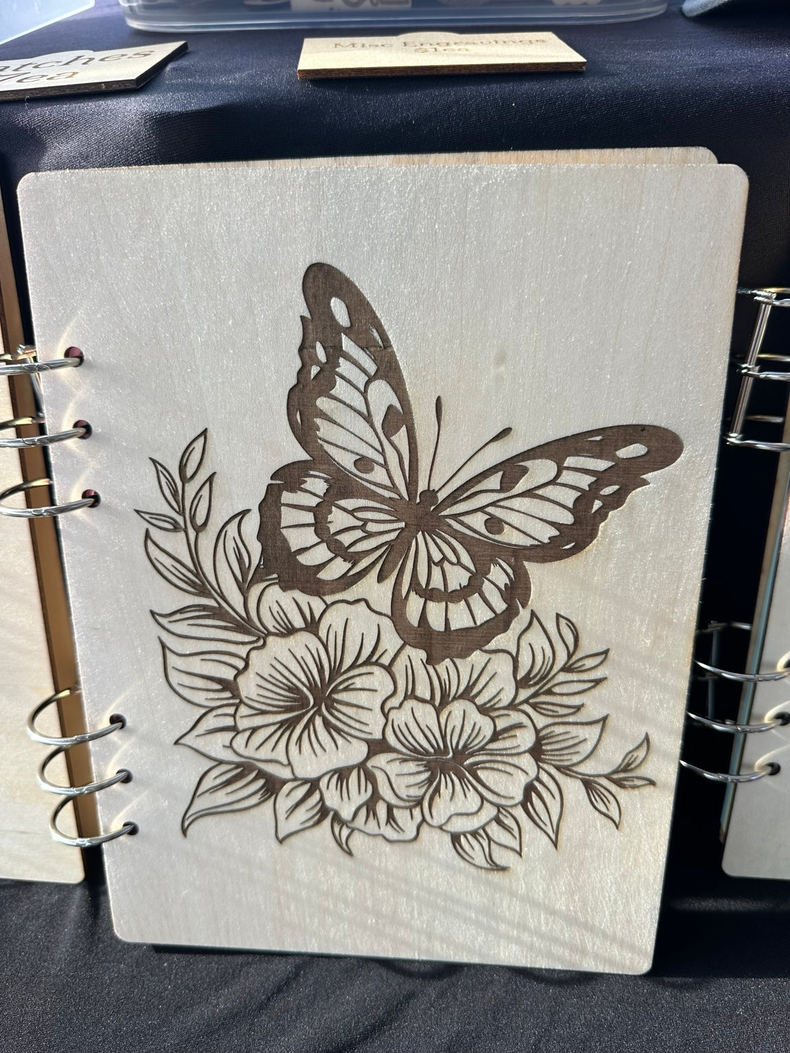 A5 basswood notebook with laser engraved butterfly and flowers design