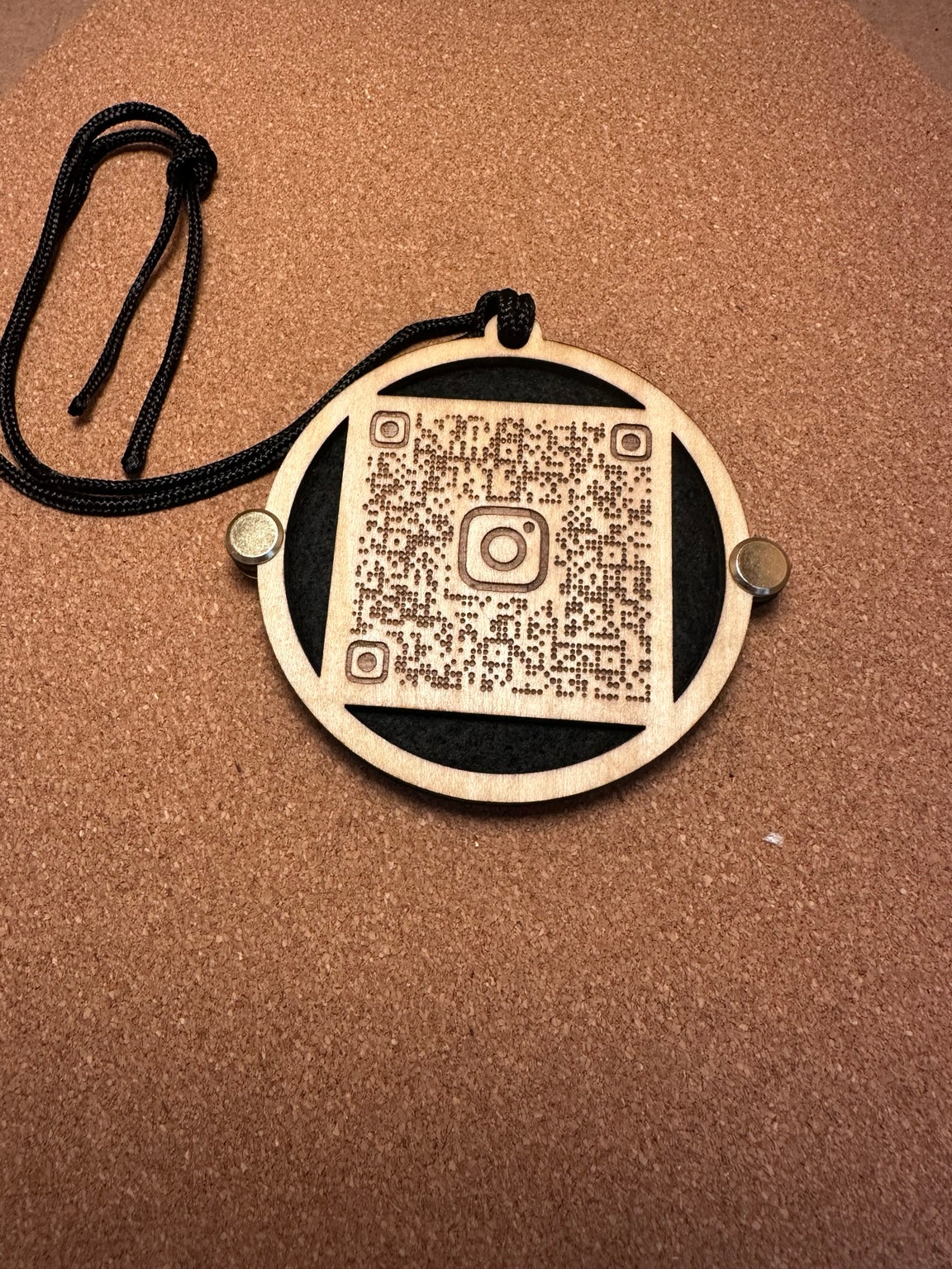 Laser cut and engraved basswood essential oil car freshener with custom Instagram QR code and felt backing