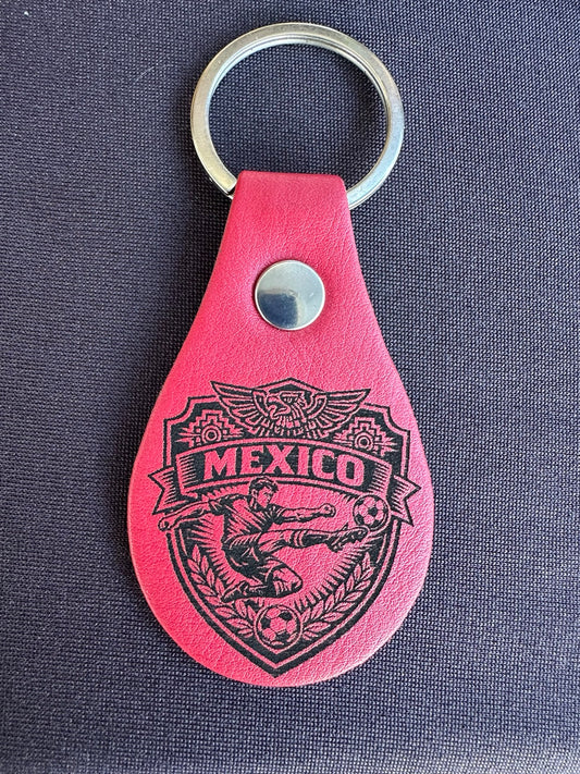 Pink leatherette laser engraved Mexico soccer keychain front design